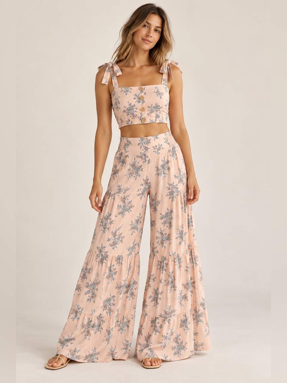 AGUA BENDITA Floral Tie-Shoulder Wide-Leg Pants and Cropped Top in Blush